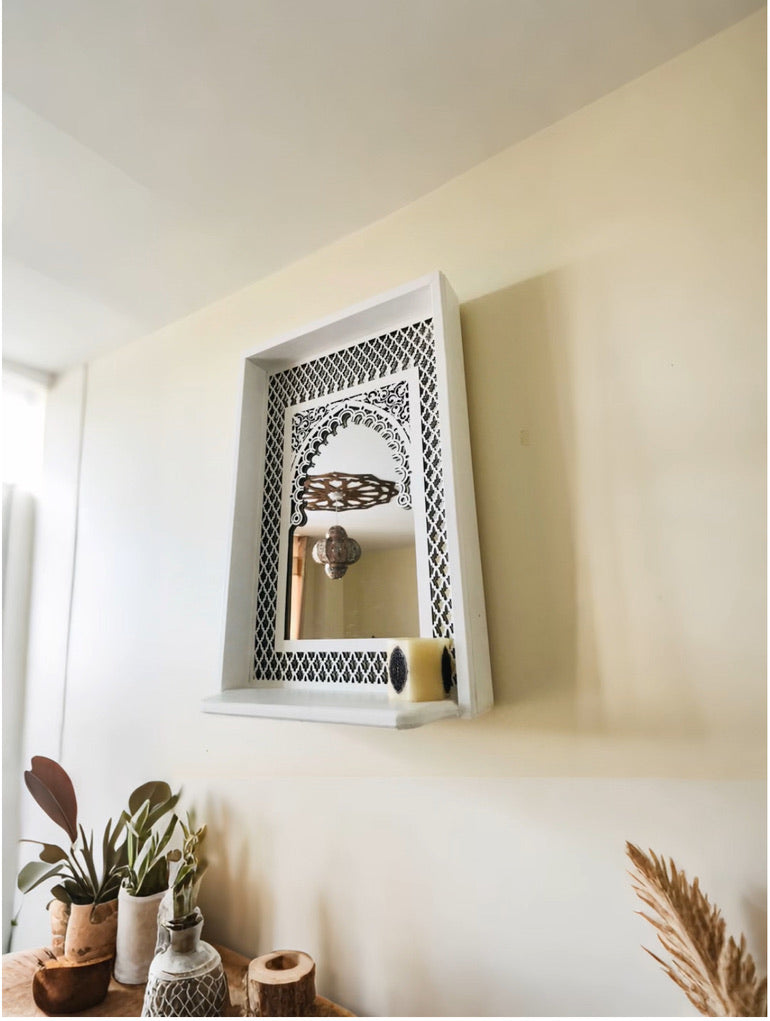 White Moroccan Mirror with Fretwork and Shelve
