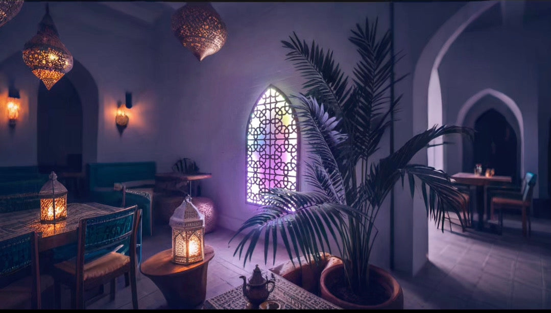 Arched Moroccan decorative panel fitted with Sound Sync LED Strips.