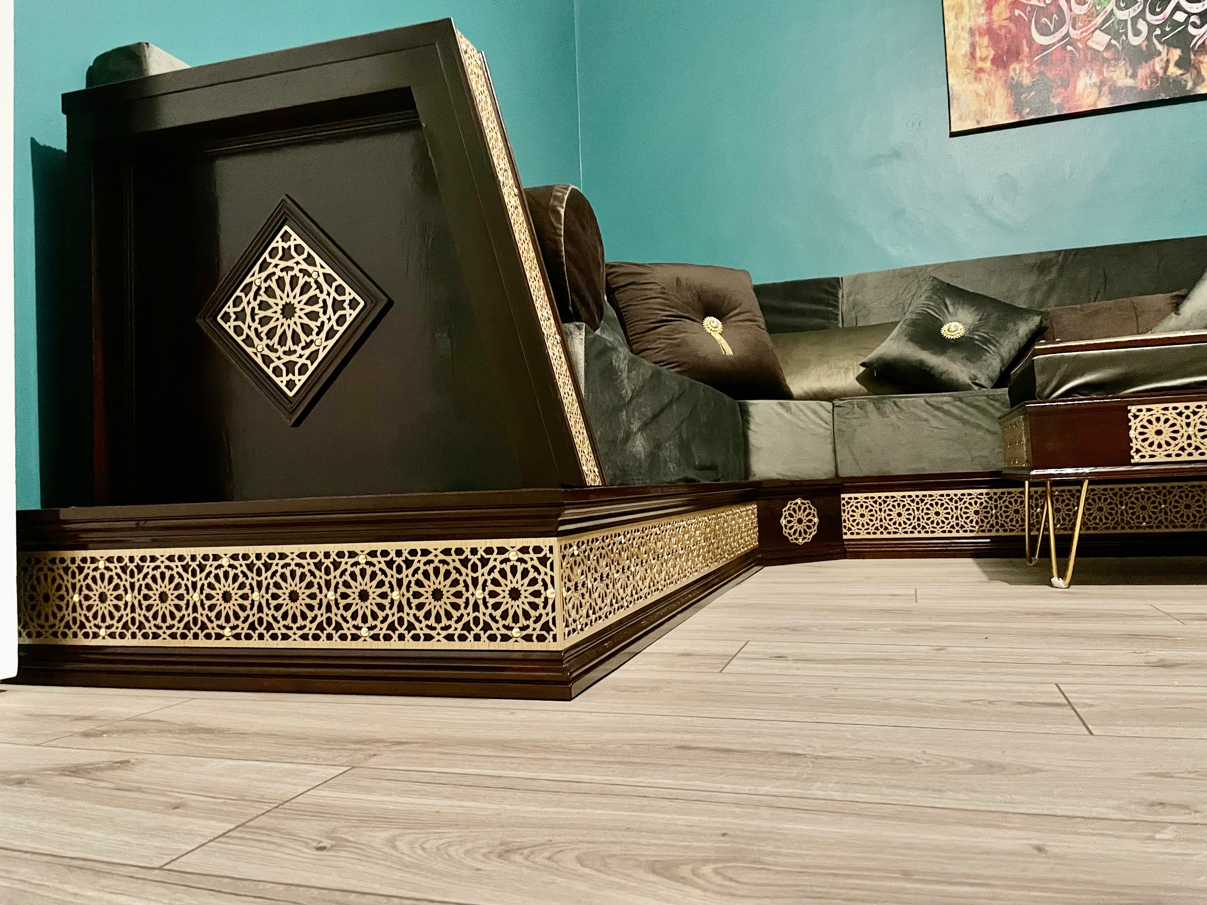 Moroccan Sofas L Shape In Gold and Walnut.