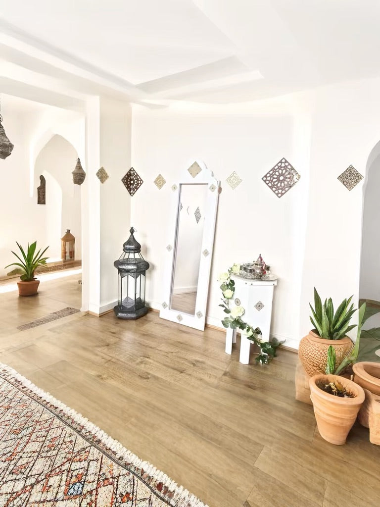 Antique Moroccan White Floor mirror with Gold Artwork and Studs