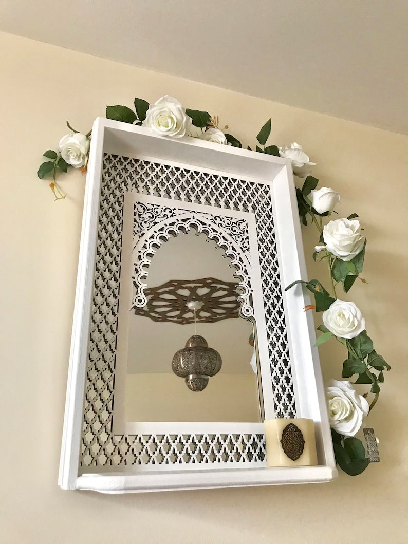 Moroccan Mirror In White Boho Style With Fretwork and shelf