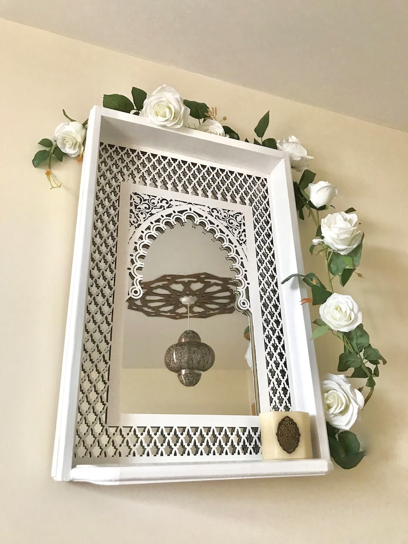 Moroccan Mirror In White Boho Style With Fretwork and shelf
